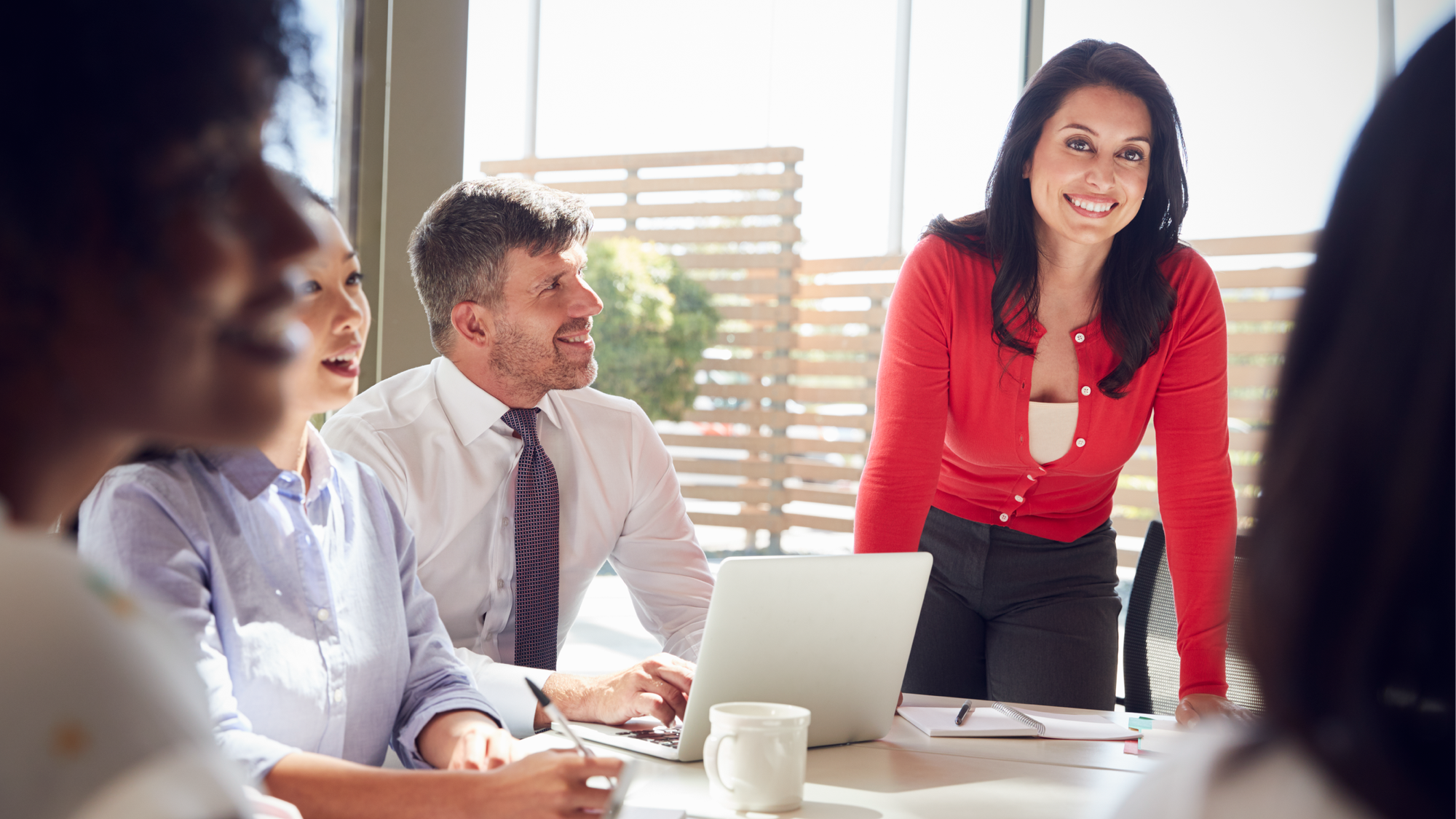 business people with woman red sweater
